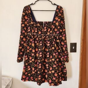 Free People Floral Mini Dress - Black and Orange
